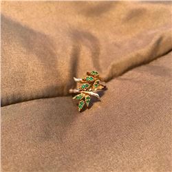 Vintage Sterling Silver & Emerald Bamboo Leaves Ring