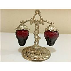 Vintage Red Glass & Silverplate Salt & Pepper Service Set