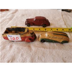 VINTAGE RED AUBURN CAR PLUS 2 SUN RUBBER TRUCKS  HARD RUBBER  ORIGINAL PAINT