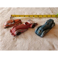 3 POT METAL TOY CARS ALL ORIGINAL PAINT 1930'S? 1 TIRE MISSING