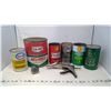 Image 1 : LOT OF OIL/ANTIFREEZE/TRANSMISSION FLUID CANS & GREASE DISPENSER (ALL CANS ARE EMPTY)