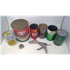 Image 2 : LOT OF OIL/ANTIFREEZE/TRANSMISSION FLUID CANS & GREASE DISPENSER (ALL CANS ARE EMPTY)