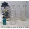 Image 1 : LOT INCLUDING COLEMAN LANTERN, 3 GLASS MILK BOTTLES, CROWN JAR & BLUE INSULATOR