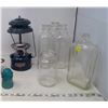 Image 2 : LOT INCLUDING COLEMAN LANTERN, 3 GLASS MILK BOTTLES, CROWN JAR & BLUE INSULATOR