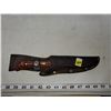 Image 1 : ROSEWOOD HANDLE DROP POINT HUNTER BLADE 4 1/4" & 1/8" THICK IN FATIGUE LEATHER SHEATH