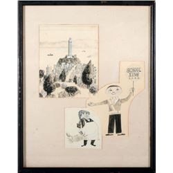 Three framed ink drawings of San Francisco.