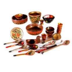 A collection of wooden Russian serving pieces.