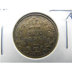 1902 Great Britain Silver 6 Pence.  AU.