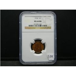1910 Wheat cent. MS64 Red/Brown. Graded by NGC.