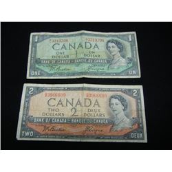 1954 Canada $2, and $1