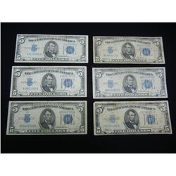 (6) 1934 Five Dollar Silver Certificates