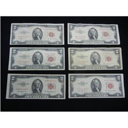(6) 1953 Two Dollar Notes