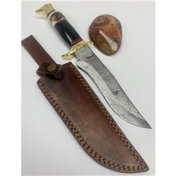 13" Inlaid Wood & Brass Handle Damascus Hunting Knife With Stitched Leather Sheath