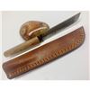 Image 1 : 9" Inlaid Bone Handle Damascus Shive With Stitched Leather Sheath