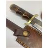 Image 4 : 11 1/2" Inlaid Wood Handle Damascus Hunting Knife With Stitched Leather Sheath