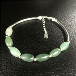 925 Sterling Silver Natural Oval Green Jade Bangle