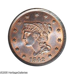 1842 1C Large Date MS66 Red and Brown PCGS. N-8, R.1. 1842[1C] Large Date MS66 Red and Brown PCGS.