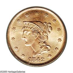 1842 1C Large Date MS65 Red PCGS. N-3, R.3. An extraor 1842[1C] Large Date MS65 Red PCGS.