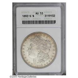 1892-S S$1 AU53 ANACS. Abundant luster remains in the 1892-S[S$1] AU53 ANACS.