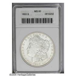 1893 S$1 MS60 ANACS. The mint bloom is soft and glowin 1893[S$1] MS60 ANACS.