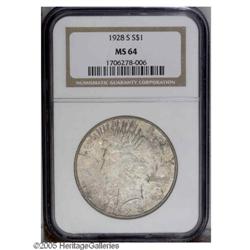 1928-S S$1 MS64 NGC. Mottled tones of wheaten-russet a 1928-S[S$1] MS64 NGC.