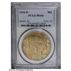 1934-D S$1 MS64 PCGS. This lustrous piece is toned in 1934-D[S$1] MS64 PCGS.