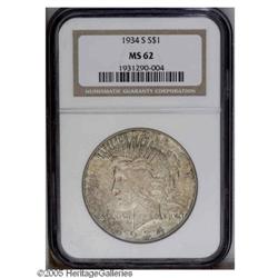 1934-S S$1 MS62 NGC. This moderately toned dollar feat 1934-S[S$1] MS62 NGC.