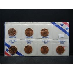 (7) Variety 1982 Lincoln Memorial Set (Copper and Zinc) GEM Red BU in nice display.