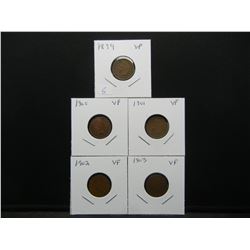 (5) Indian Head Cents in Very Fine with full liberties:  1899, 1900, 01, 02, and 03.