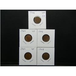 (5) Indian Head Cents with full liberties:  1904, 05, 06, 07, and 08.