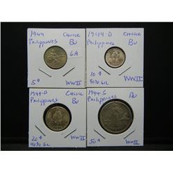 (4) WWII (3 Silver) Philippines coins:  44 Five Cent Choice BU, 44-D 10 Centavo Choice BU, 44-D 20 C