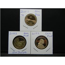 (3) Sacajawea Dollars:  2011-S, 18-S, and 19-S.  GEM Proof.