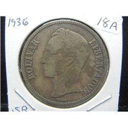 1936 Venezuela 5 Bolivares 90% silver coin.  Extremely Fine.