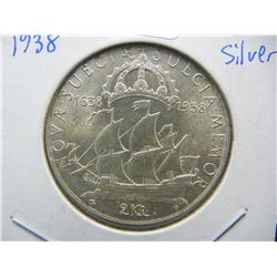 1938 Sweden 2 Kroner silver coin.  Brilliant Uncirculated.