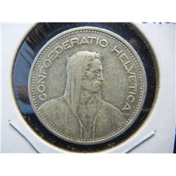 1939B Switzerland 5 Franc 90% silver coin.  Extremely Fine.