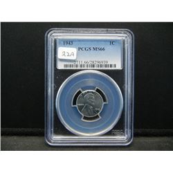 1943 Lincoln Wheat Cent.  Slabbed by PCGS (The Best) as MS 66.