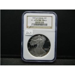 1987-S Silver Eagle $1.  Slabbed by NGC (One of the best) as PF 69, Ultra-Cameo.