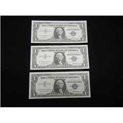 (3) 1957 $1 Silver Certificates.  Consecutive Serial #s.  Great poker note-5 fours.  GEM CU.