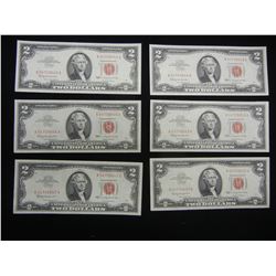 (6) 1963 Red Seal $2 Notes.  Consecutive Serial #s.  GEM CU.