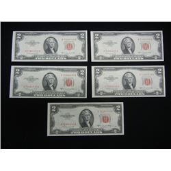 (5) 1953 B Red Seal $2 US Notes with consecutive serial numbers.  GEM Crisp Unc.
