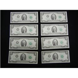 (8) 1976 Bicentennial $2 US Notes with consecutive serial numbers.  GEM Crisp Unc.