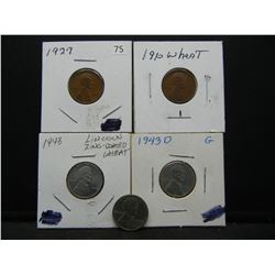 1910, 1927, 1943 PPD Wheat Cents, (5) Coins