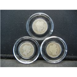 (3) SILVER (90%) BARBER DIMES (1911/1913/1914)