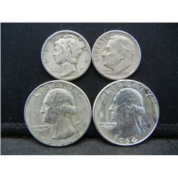 (4) US SILVER COINS (2 WASHINGTON QUARTERS & MERCURY/ ROOSEVELT DIMES)