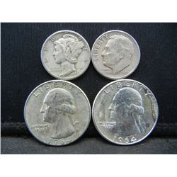 (4) US SILVER COINS (2 WASHINGTON QUARTERS & MERCURY/ ROOSEVELT DIMES)