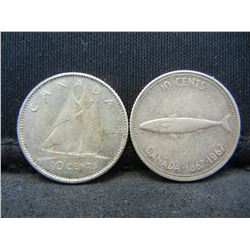 1967 & 1968 Canadian Dimes 50% Silver Coins.