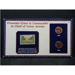 1989 & 1990 Historical Cents and Stamp Set Explaining Lincoln Appoints Grant Commander of Army.