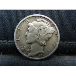 1931-S Semi-Key Date Mercury Head Dime, Very Fine.