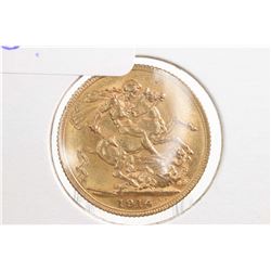 British 1914, 22kt gold full sovereign coin with George V on obverse George and the dragon on revers