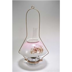 Vintage Aladdin aluminium oil lamp with hurricane plus a gold painted metal hanger and a milk glass 